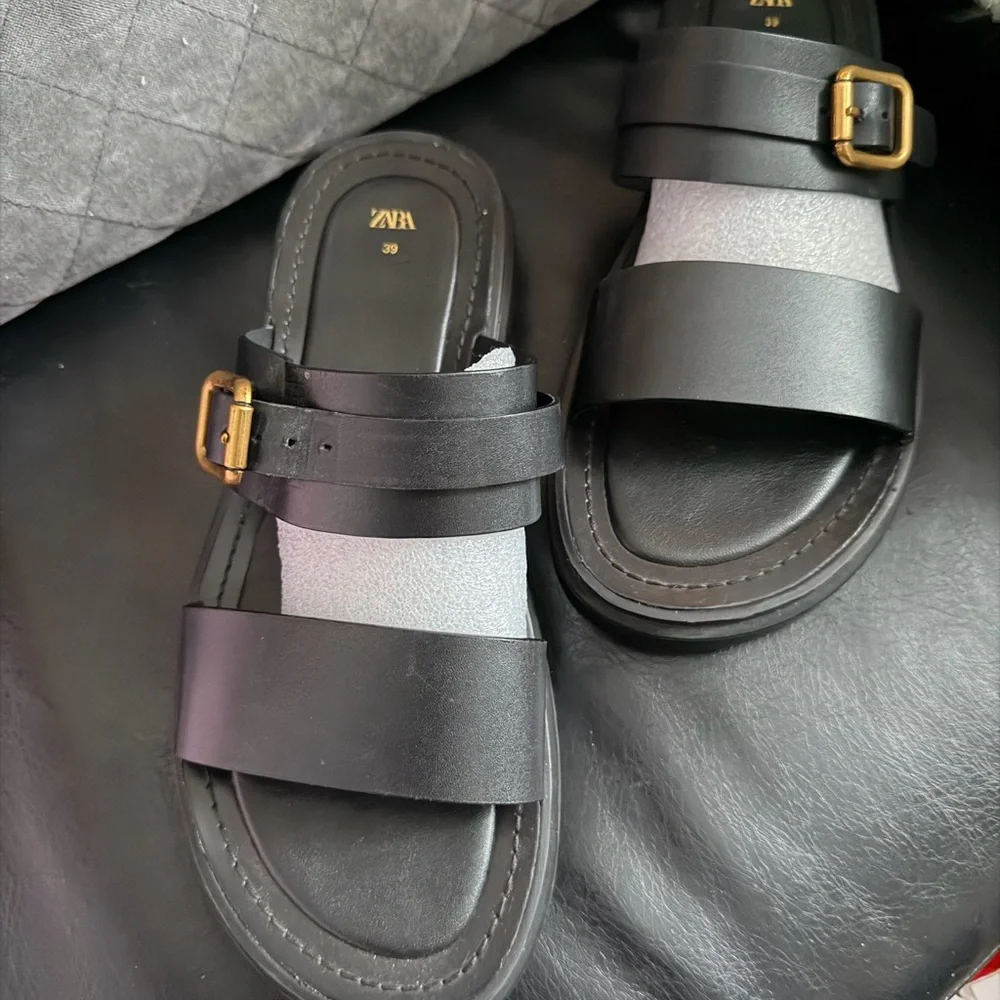 Zara Black Slides with Gold Accent - Picture 2 of 7